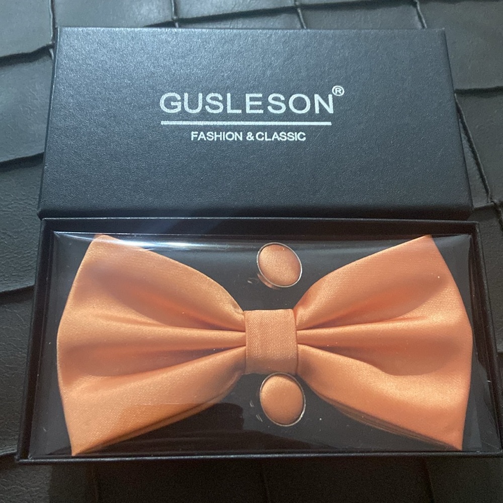 Gusleson fashion Orange Solid Silk Pre Tied Bow Tie Hanky Cufflinks Set - Picture 7 of 9